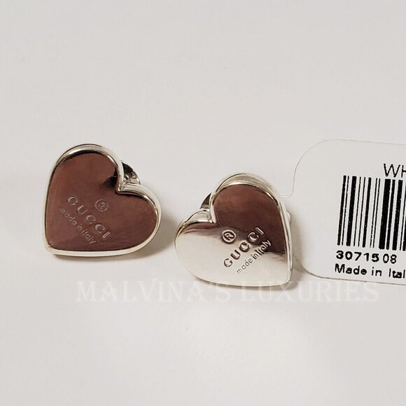 GUCCI EARRINGS STERLING SILVER HEART STUD TRADEMARK LOGO - Picture 3 of 7